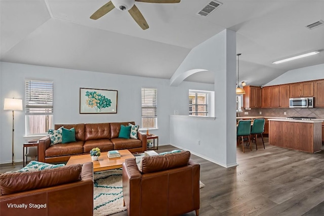 2141 Rachel Ln, Round Rock, TX 78664 - living area with lofted ceiling, healthy amount of natural light, wood finished floors, ceiling fan, and baseboards