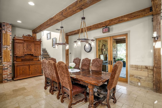 1606 Bordeaux Blanc, New Braunfels, TX 78132 - dining space with stone tile floors, beam ceiling, french doors, recessed lighting, and stairway
