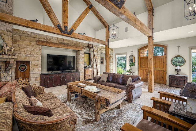 1606 Bordeaux Blanc, New Braunfels, TX 78132 - living room featuring high vaulted ceiling, a chandelier, beam ceiling, plenty of natural light, and stone tile floors