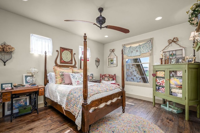 1606 Bordeaux Blanc, New Braunfels, TX 78132 - bedroom featuring multiple windows, dark wood-type flooring, recessed lighting, baseboards, and ceiling fan