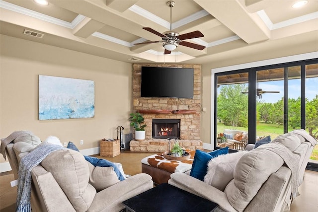 121 White Wash, Dripping Springs, TX 78620 - living room with coffered ceiling, a ceiling fan, crown molding, a stone fireplace, and baseboards