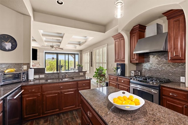 121 White Wash, Dripping Springs, TX 78620 - kitchen with wall chimney exhaust hood, stainless steel appliances, coffered ceiling, a sink, and decorative backsplash