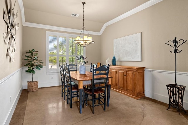 121 White Wash, Dripping Springs, TX 78620 - dining room featuring crown molding, a chandelier, concrete flooring, and baseboards