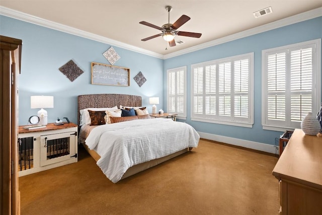 121 White Wash, Dripping Springs, TX 78620 - carpeted bedroom featuring ornamental molding, multiple windows, baseboards, and a ceiling fan