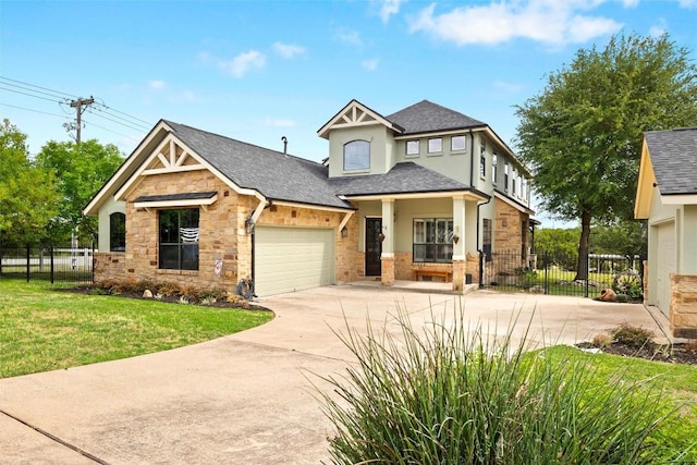 121 White Wash, Dripping Springs, TX 78620 - view of front facade with stone siding, a shingled roof, driveway, stucco siding, and an attached garage