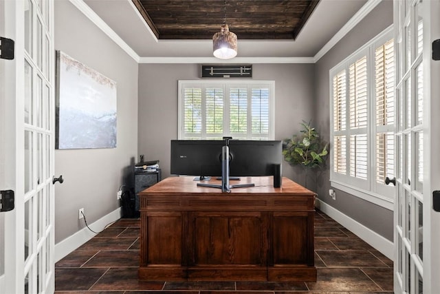 121 White Wash, Dripping Springs, TX 78620 - office area featuring a raised ceiling, french doors, baseboards, wooden ceiling, and dark tile patterned flooring
