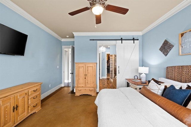 121 White Wash, Dripping Springs, TX 78620 - bedroom with crown molding, a barn door, baseboards, dark carpet, and ceiling fan