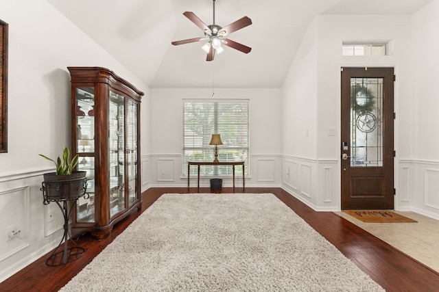 2600 Lost Mine Trl, Leander, TX 78641 - foyer featuring a decorative wall, dark wood finished floors, wainscoting, and a ceiling fan