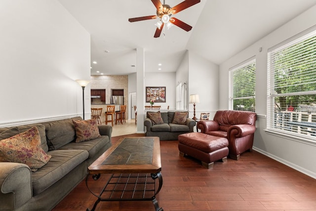 2600 Lost Mine Trl, Leander, TX 78641 - living area with ceiling fan, wood finished floors, high vaulted ceiling, baseboards, and recessed lighting