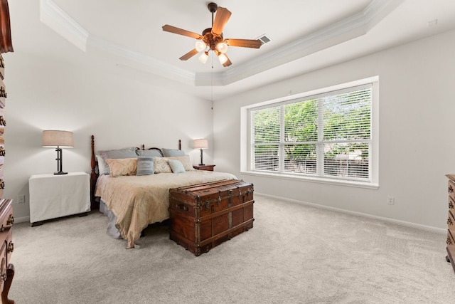 2600 Lost Mine Trl, Leander, TX 78641 - bedroom featuring crown molding, light colored carpet, a tray ceiling, and baseboards