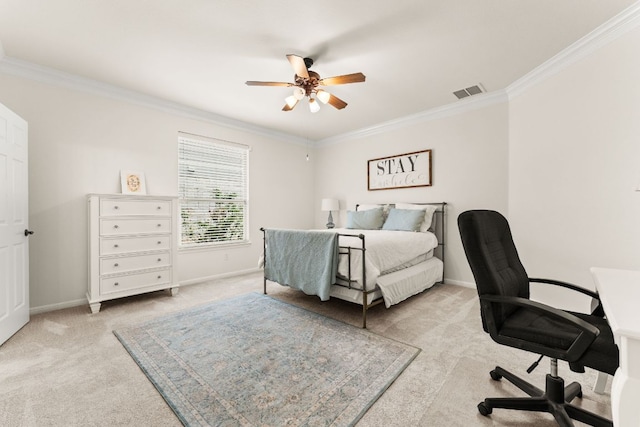 2600 Lost Mine Trl, Leander, TX 78641 - bedroom featuring carpet, crown molding, an office area, baseboards, and a ceiling fan
