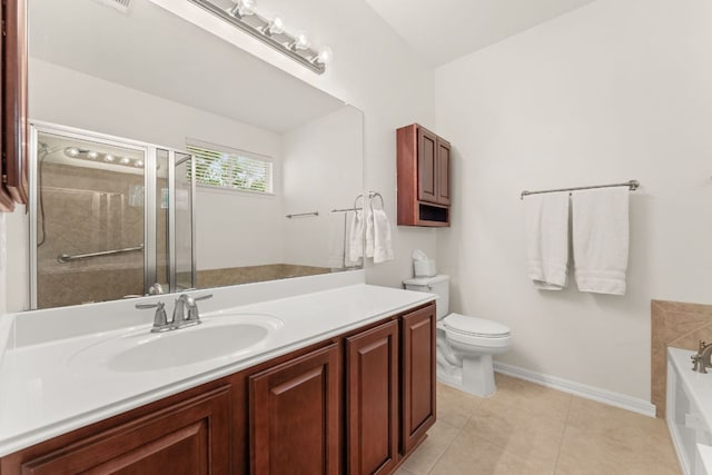 2600 Lost Mine Trl, Leander, TX 78641 - bathroom featuring a bath, vanity, toilet, tile patterned floors, and a stall shower