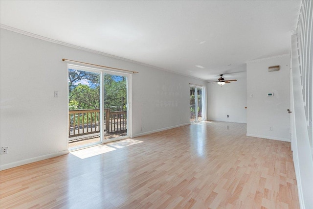 3304 Clawson Rd, Austin, TX 78704 - empty room featuring ornamental molding, ceiling fan, light wood finished floors, and baseboards