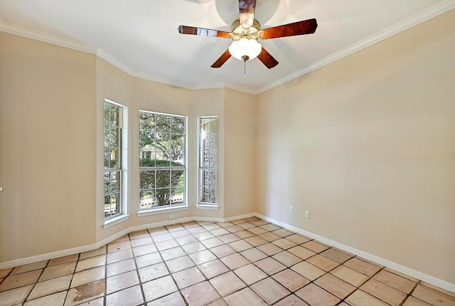 106 Los Altos Dr, Lakeway, TX 78734 - empty room featuring light tile patterned floors, a ceiling fan, ornamental molding, and baseboards