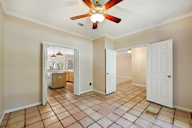 106 Los Altos Dr, Lakeway, TX 78734 - unfurnished bedroom featuring ornamental molding, baseboards, light tile patterned flooring, a ceiling fan, and ensuite bathroom