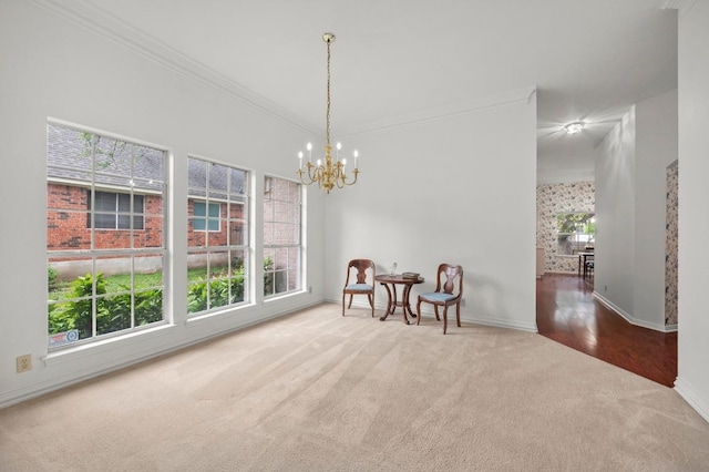 10601 Beckwood Dr, Austin, TX 78726 - sitting room with carpet flooring, baseboards, a chandelier, and crown molding