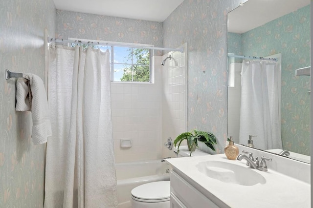 10601 Beckwood Dr, Austin, TX 78726 - bathroom featuring wallpapered walls, vanity, shower / bathtub combination with curtain, and toilet