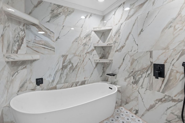 1515 Mearns Meadow Blvd, Austin, TX 78758 - bathroom featuring tile walls, a freestanding tub, and ornamental molding