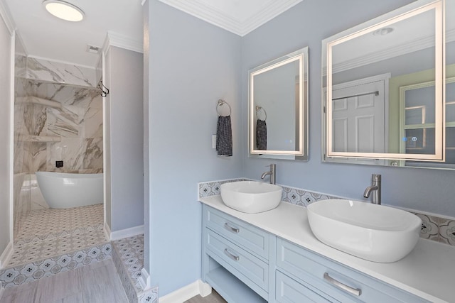 1515 Mearns Meadow Blvd, Austin, TX 78758 - bathroom with crown molding, double vanity, and a soaking tub