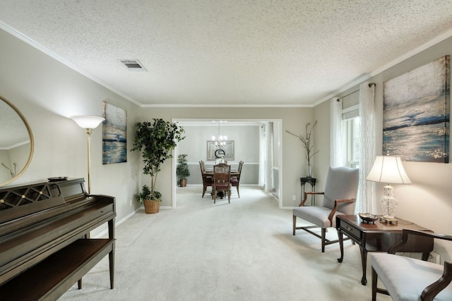 1604 W Creek Loop, Round Rock, TX 78681 - living area featuring carpet flooring, a chandelier, ornamental molding, and a textured ceiling