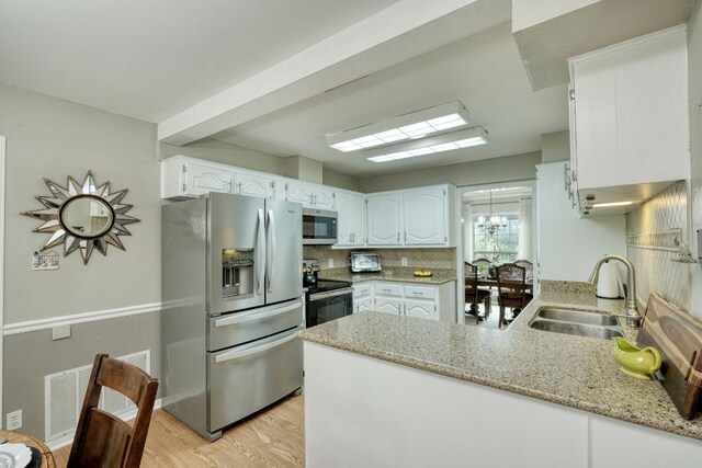 1604 W Creek Loop, Round Rock, TX 78681 - kitchen with appliances with stainless steel finishes, a peninsula, white cabinetry, tasteful backsplash, and light stone counters