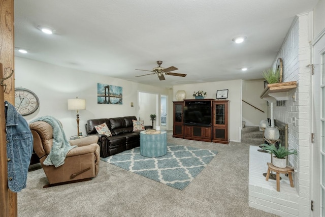 1604 W Creek Loop, Round Rock, TX 78681 - carpeted living room featuring stairs, ceiling fan, and recessed lighting