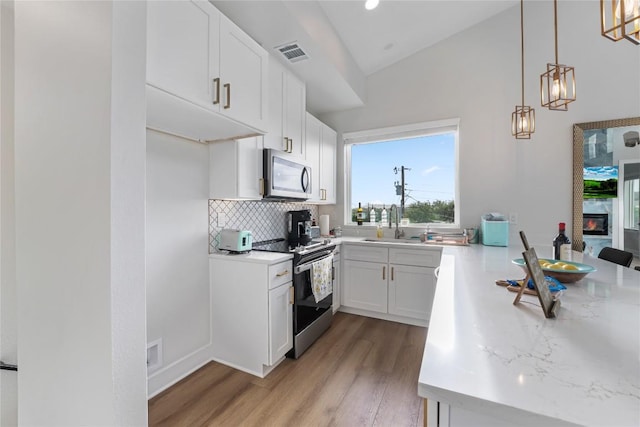 11204 Oak St, Jonestown, TX 78645 - kitchen with stainless steel appliances, light wood-style flooring, a sink, decorative backsplash, and a peninsula