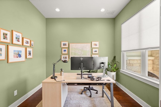 1609 Indian Apple Way, Leander, TX 78641 - office area with dark wood-type flooring, baseboards, and recessed lighting