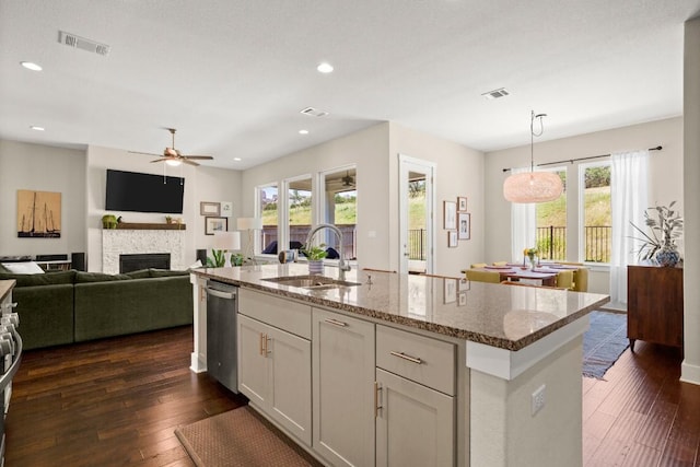 1609 Indian Apple Way, Leander, TX 78641 - kitchen with a sink, stainless steel dishwasher, ceiling fan, dark wood-style floors, and recessed lighting