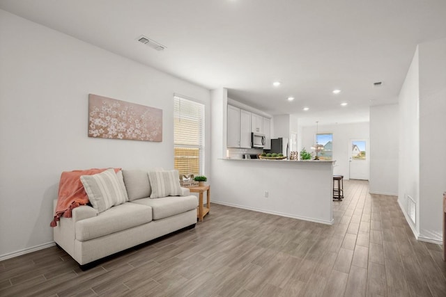 637 Pickrell Loop, Liberty Hill, TX 78642 - living room featuring wood finished floors, recessed lighting, and baseboards