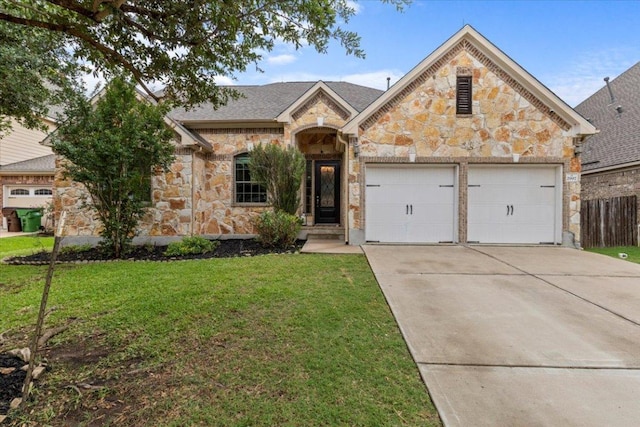 2997 Agave Loop, Round Rock, TX 78681 - french country inspired facade with an attached garage, stone siding, driveway, and a front yard