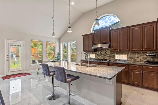 2997 Agave Loop, Round Rock, TX 78681 - kitchen featuring under cabinet range hood, decorative backsplash, dark stone counters, stainless steel gas stovetop, and high vaulted ceiling