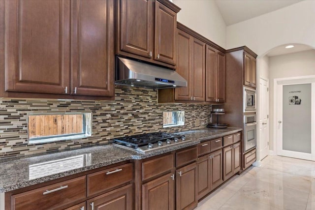 2997 Agave Loop, Round Rock, TX 78681 - kitchen featuring stainless steel appliances, under cabinet range hood, backsplash, and dark stone counters