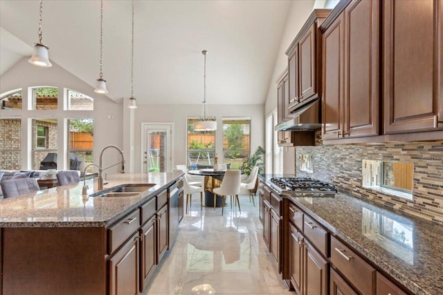 2997 Agave Loop, Round Rock, TX 78681 - kitchen featuring tasteful backsplash, light marble finish floors, under cabinet range hood, decorative light fixtures, and appliances with stainless steel finishes