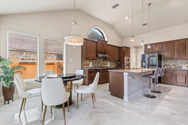 2997 Agave Loop, Round Rock, TX 78681 - kitchen with under cabinet range hood, stainless steel appliances, light marble finish floors, decorative backsplash, and high vaulted ceiling