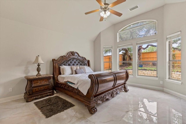 2997 Agave Loop, Round Rock, TX 78681 - bedroom featuring marble finish floors, vaulted ceiling, and a ceiling fan