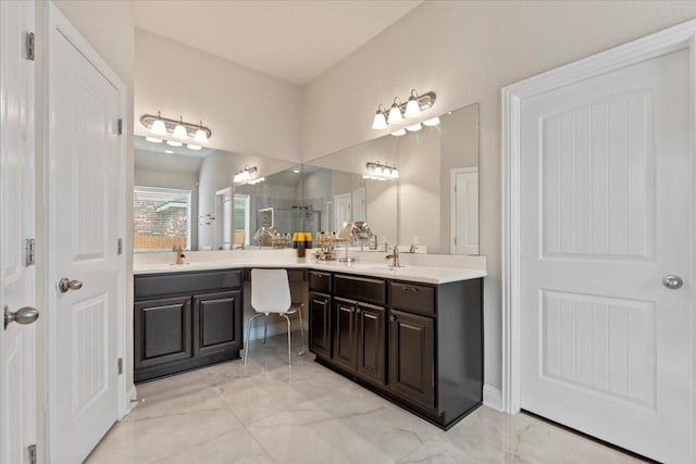 2997 Agave Loop, Round Rock, TX 78681 - bathroom featuring double vanity, marble look tiles, and a shower