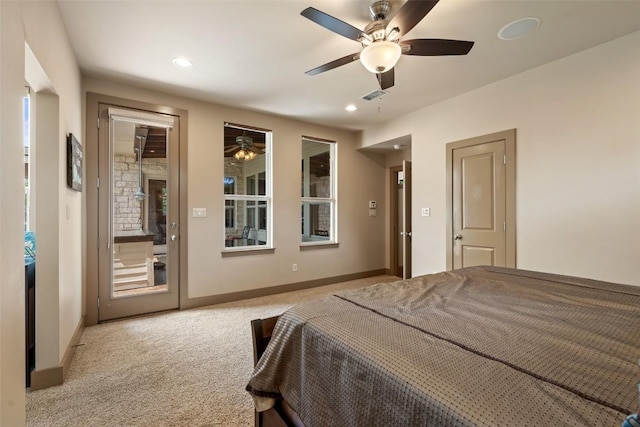 148 Oak Plaza Dr, Georgetown, TX 78628 - bedroom featuring light carpet, baseboards, access to outside, recessed lighting, and a ceiling fan