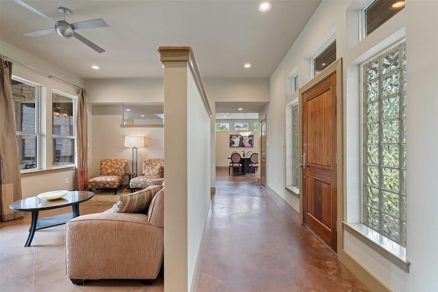 148 Oak Plaza Dr, Georgetown, TX 78628 - foyer with recessed lighting, ceiling fan, concrete floors, and baseboards