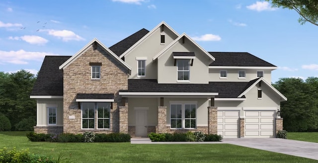1320 Jolie Rose Bnd, Leander, TX 78641 - craftsman-style house featuring stone siding, stucco siding, an attached garage, a front lawn, and driveway