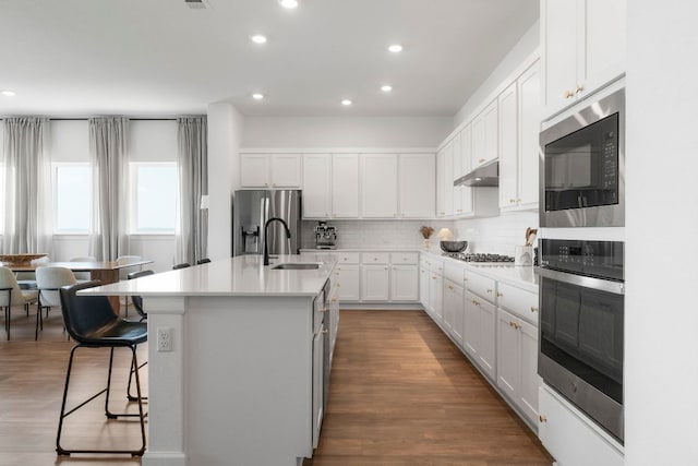 256 Smoke Tree Cir, Dripping Springs, TX 78620 - kitchen featuring a kitchen island with sink, appliances with stainless steel finishes, recessed lighting, tasteful backsplash, and white cabinets