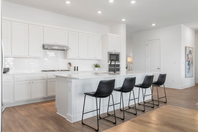256 Smoke Tree Cir, Dripping Springs, TX 78620 - kitchen with a sink, under cabinet range hood, a center island with sink, backsplash, and recessed lighting