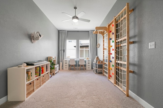 256 Smoke Tree Cir, Dripping Springs, TX 78620 - rec room featuring ceiling fan, carpet flooring, and a textured wall