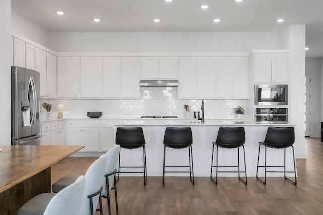 256 Smoke Tree Cir, Dripping Springs, TX 78620 - kitchen with appliances with stainless steel finishes, under cabinet range hood, decorative backsplash, white cabinets, and light countertops