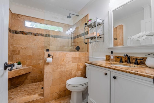 3210 Funston St, Austin, TX 78703 - full bathroom with vanity, a walk in shower, toilet, crown molding, and tile patterned floors