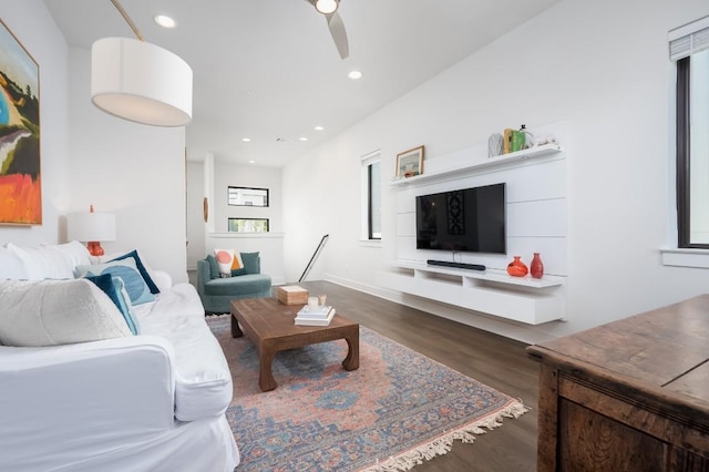 2050 Lohmans Spur Unit 1401, Austin, TX 78734 - living room with dark wood-style flooring, ceiling fan, and recessed lighting