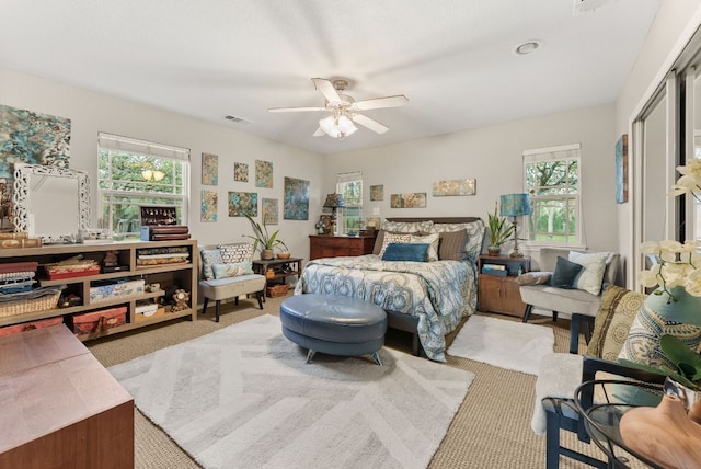 1181 Live Oak Trl, Liberty Hill, TX 78642 - carpeted bedroom with multiple windows, ceiling fan, and a closet