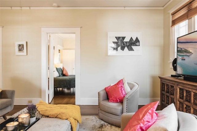 2623 Salado St, Austin, TX 78705 - living area featuring baseboards, ornamental molding, and wood finished floors