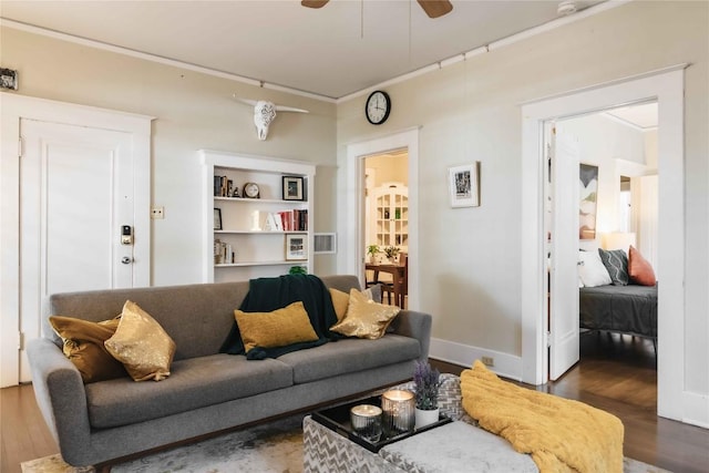 2623 Salado St, Austin, TX 78705 - living area featuring wood finished floors, ornamental molding, and ceiling fan