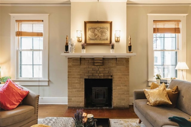 2623 Salado St, Austin, TX 78705 - living room with dark wood-style flooring, baseboards, plenty of natural light, and a brick fireplace